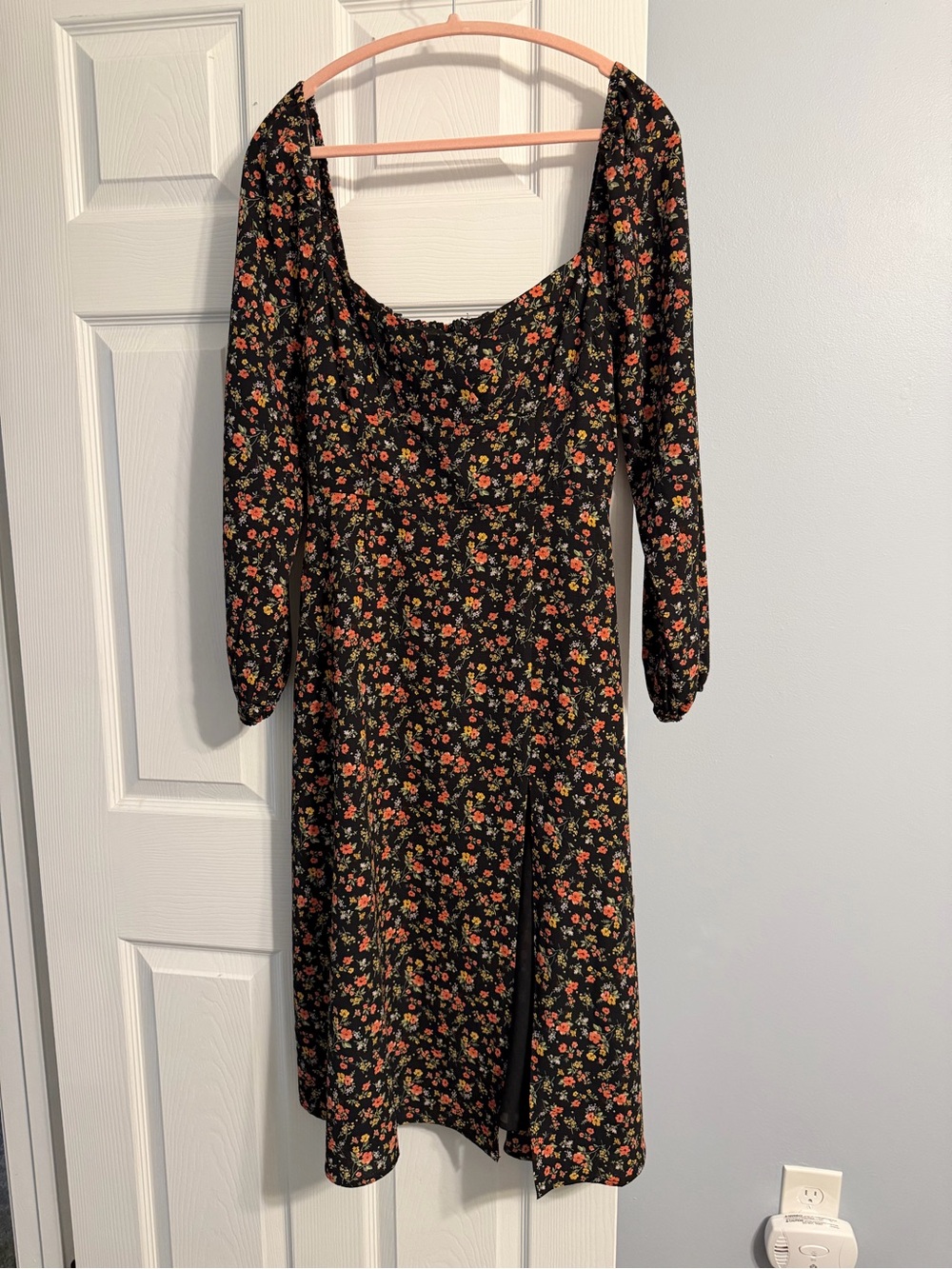 Dark Navy Floral Midi Dress with Slit and Long Sleeves NWT